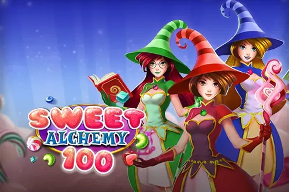 Official Sweet Alchemy 100 poster with three candy witches