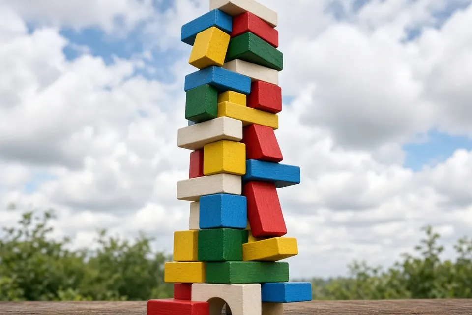 Colorful wooden building blocks stacked into a tall tower against the sky